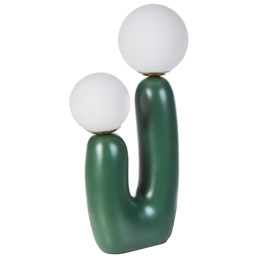 Lampada da tavolo Base in resina verde Paralumi in vetro rotondi Doppio paralume Base a U