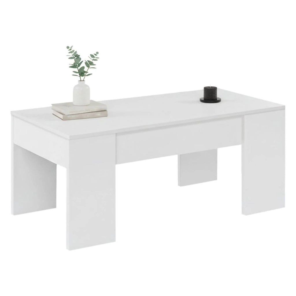 Tavolino da salotto Almas, Tavolino da caffÒ¨ con piano elevabile, Tavolo basso da soggiorno, cm 100x50h45/56, Bianco lucido