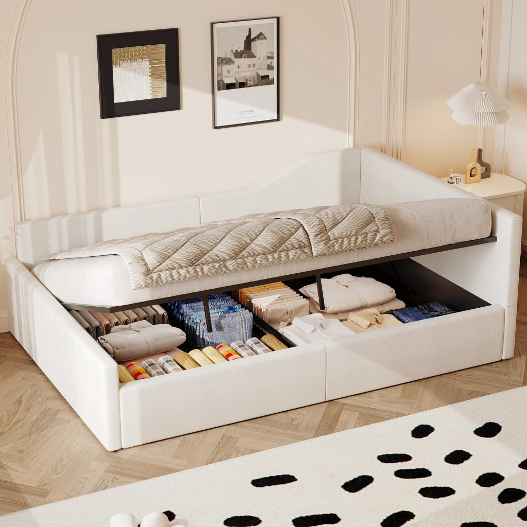 Letto giornaliero con contenitore imbottito in MDF e compensato beige 140x200 cm