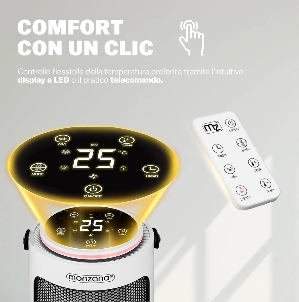 Termoventilatore da 2000W 15-35°C modalità Eco Teleocmando Display Touch LED Luminosi