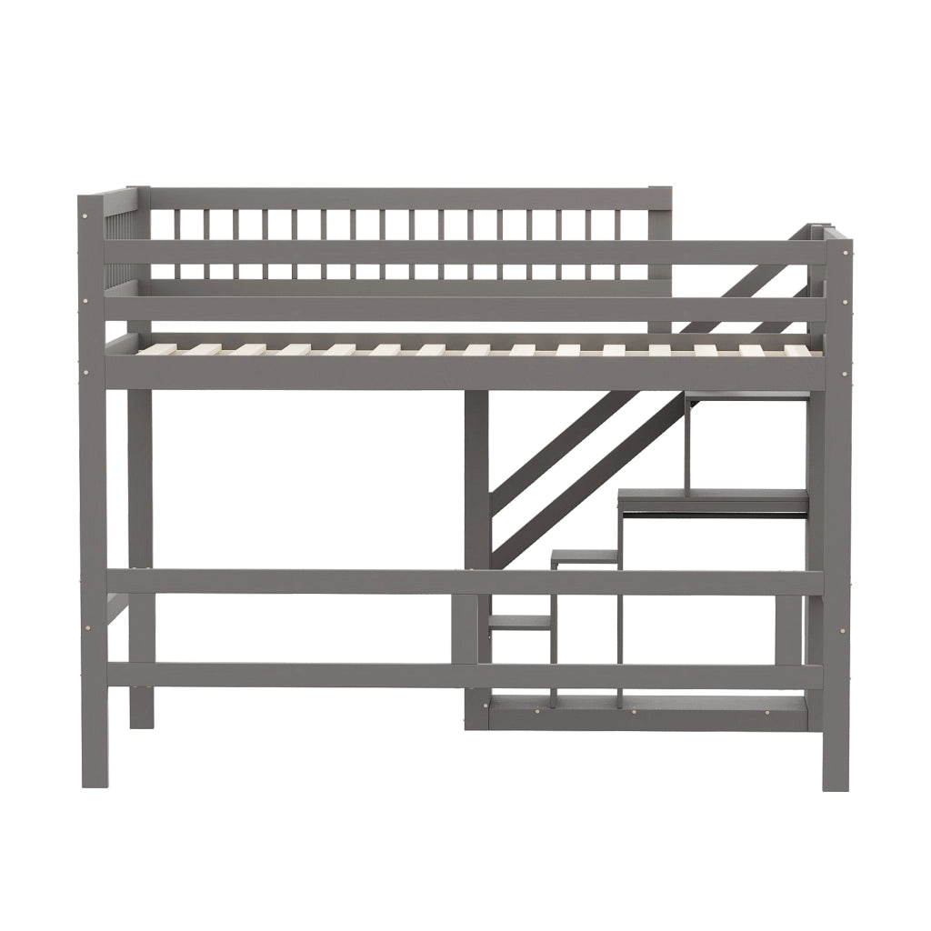 OKWISH Letto a soppalco 140×200 cm, Letto Matrimoniale con Scala Contenitore, 3 Armadietti e Sponda Alta, senza Materasso, Grigio