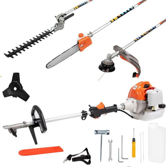 Decespugliatore a Scoppio Multifunzione 4 in 1 con Tagliaerba, Motosega Tagliasiepi, Potatore Tagliabordi con Motore da 52cc 2 Tempi, Ideale per Giardinaggio