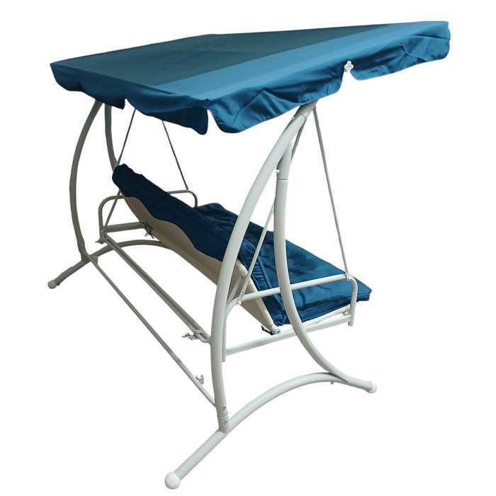 DONDOLO MALAGA 3 POSTI CM.220X105X170H. CUSCINI IN TESSUTO COLORE BLU E STRUTTURA IN METALLO VERNICIATO BIANCO