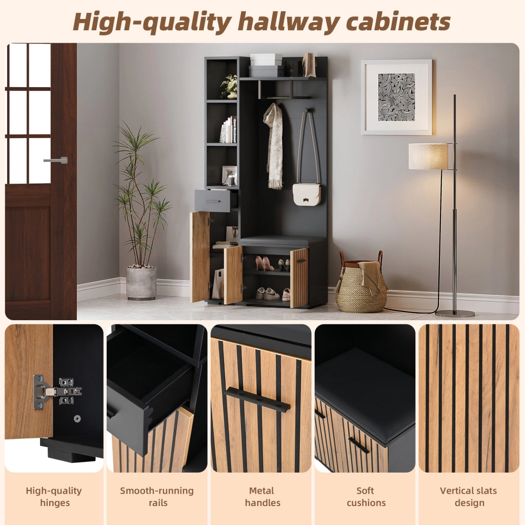 Mobile ingresso multifunzione 80 x 35 x 175 cm con 2 armadi; 1 cassetto; nero e legno naturale