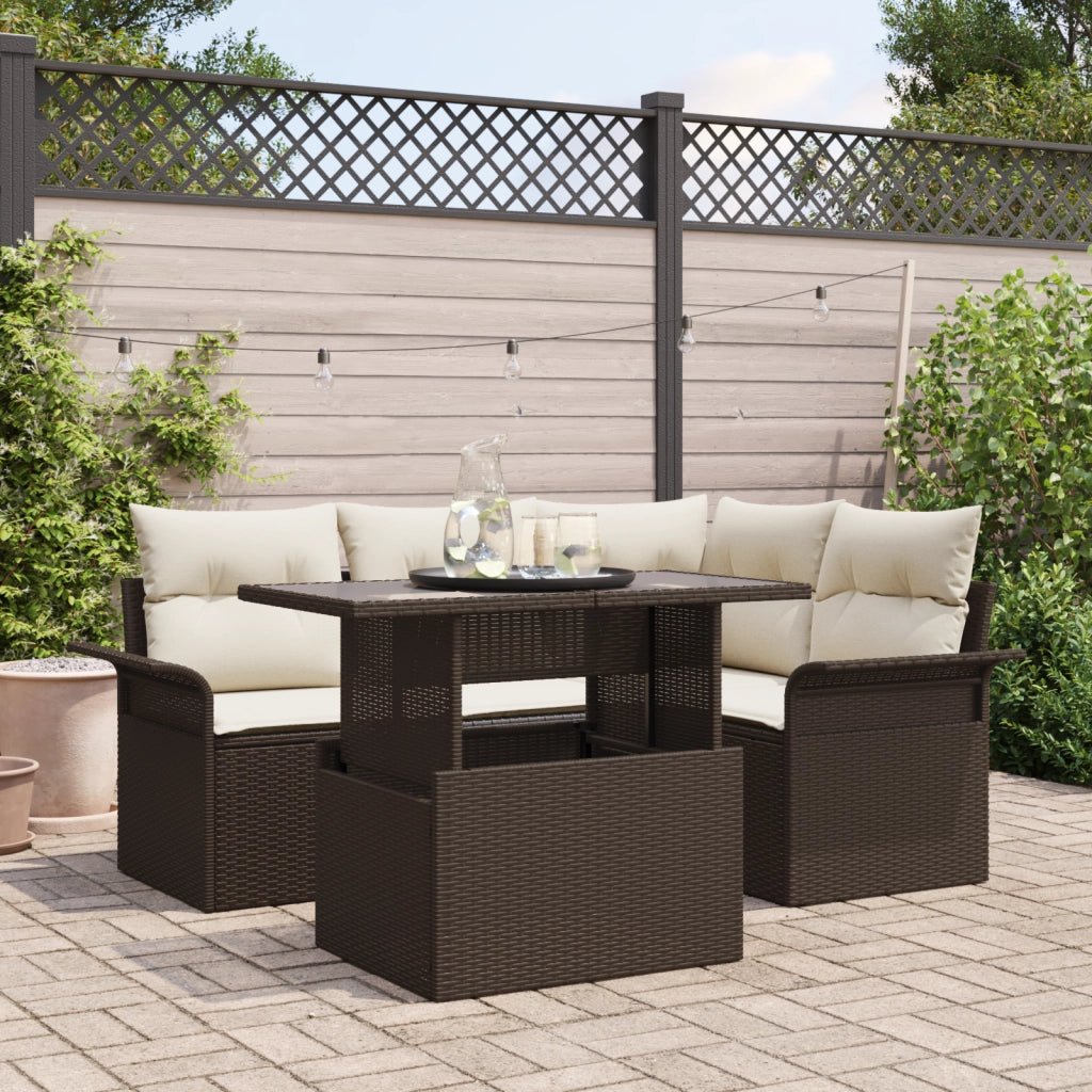 Set Divano da Giardino 5 Pezzi con Cuscini Marrone Rattan