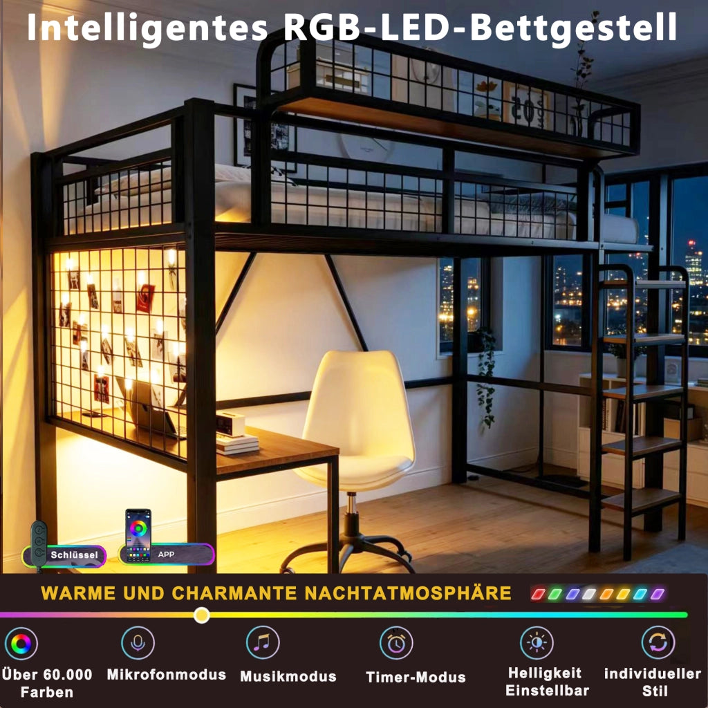 Letto a soppalco 90 × 200 cm con scrivania, rete portaoggetti, LED e presa, senza materasso, in metallo, nero