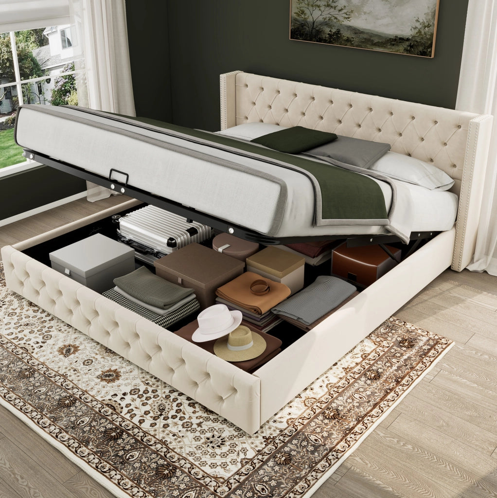 Letto imbottito contenitore Chesterfield 140x200 cm in velluto beige