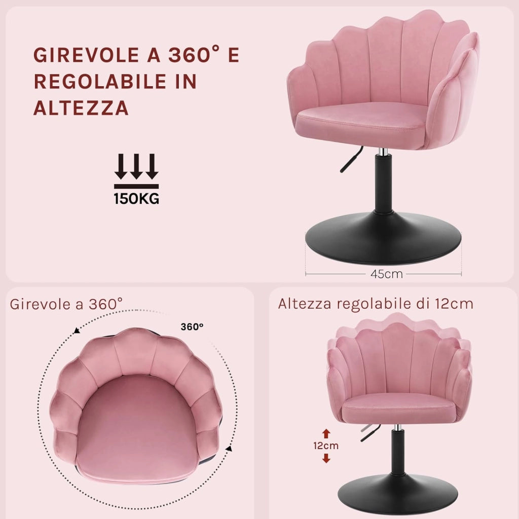Sedia da Trucco, Poltrona Girevole in Velluto, Regolabile in Altezza per Camera da Letto, Soggiorno, Rosa