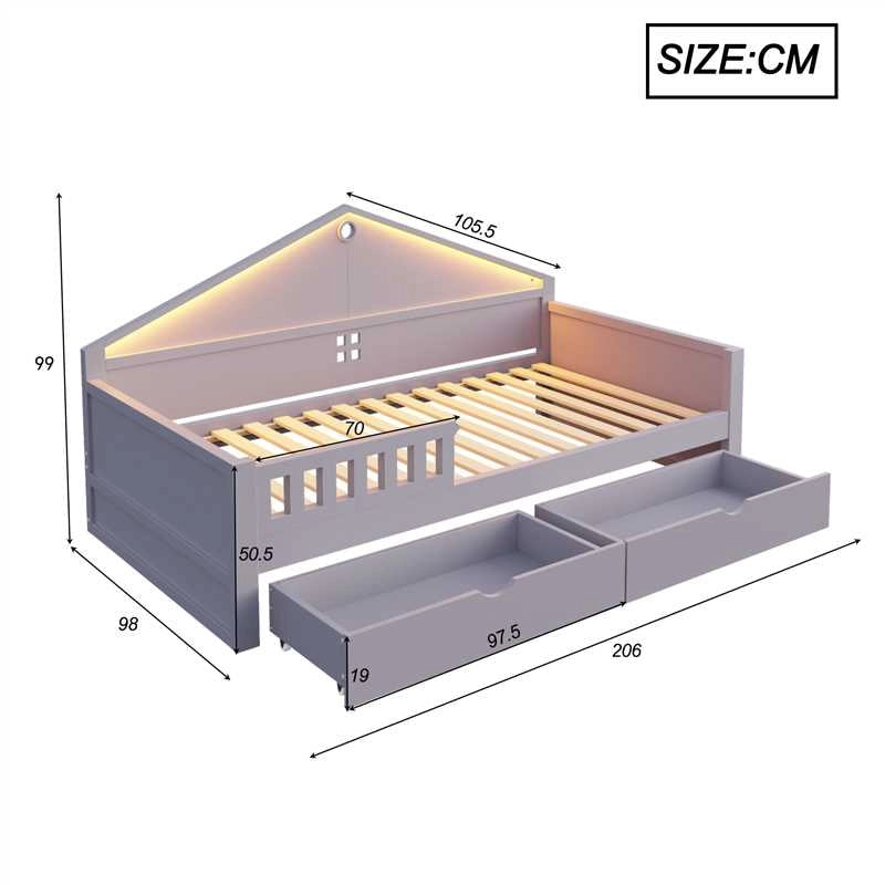 Letto singolo 90×200 cm con 2 cassetti; LED e struttura in legno massello e MDF; senza materasso; grigio