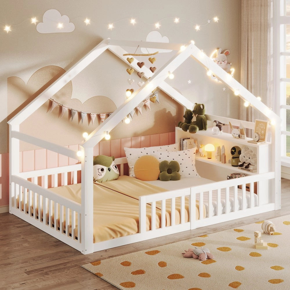 Letto Bambini a Casetta con LED ¨C Xylo ¨C Pino Bianco, 140x190 cm, senza Materasso