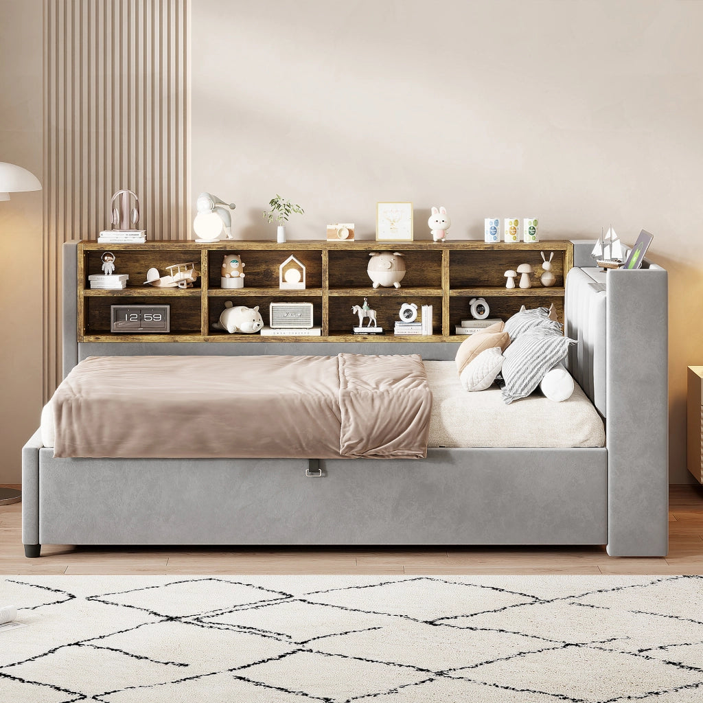 LETTO imbottito 90x200 cm in velluto grigio con testiera multifunzione