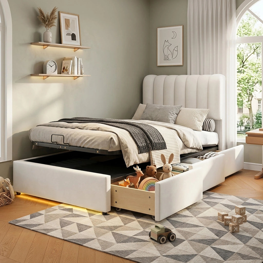 Letto per bambini contenitore 90 × 200 cm con 3 cassetti, LED, senza materasso, in velluto, beige