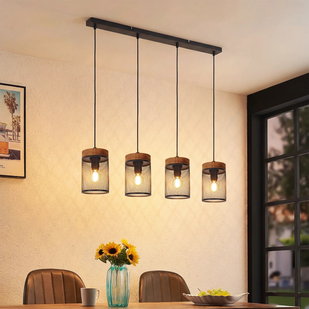 ZMH Lampada a Sospensione Vintage Legno Nero 4 Luci Retro E14 Metall per Soggiorno Sala da Pranzo Cucina Senza Lampadina