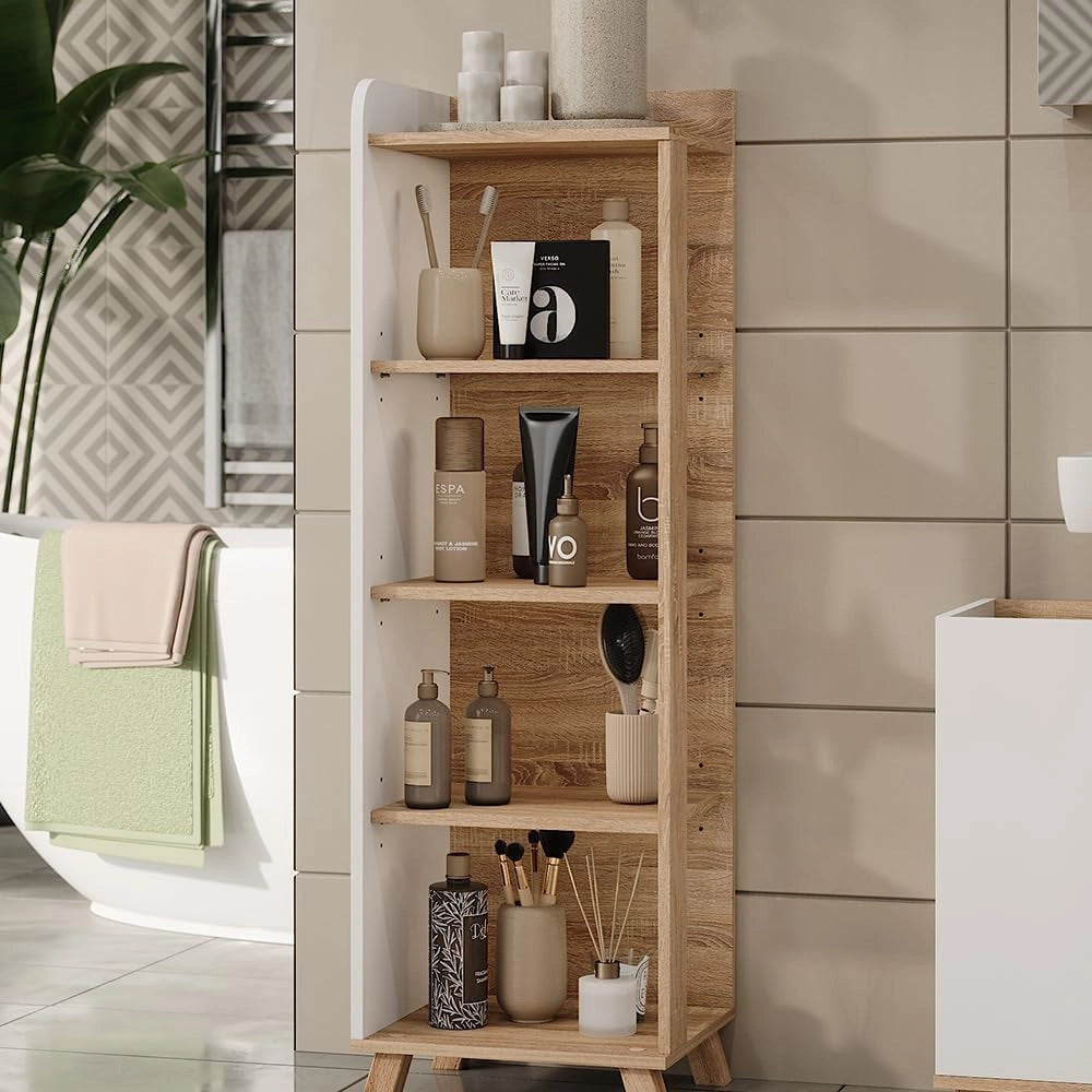 Mensola da bagno Karen, Sonoma/Bianco, 40 x 128 cm con 4 scomparti, per la conservazione di asciugamani e prodotti per la cura personale