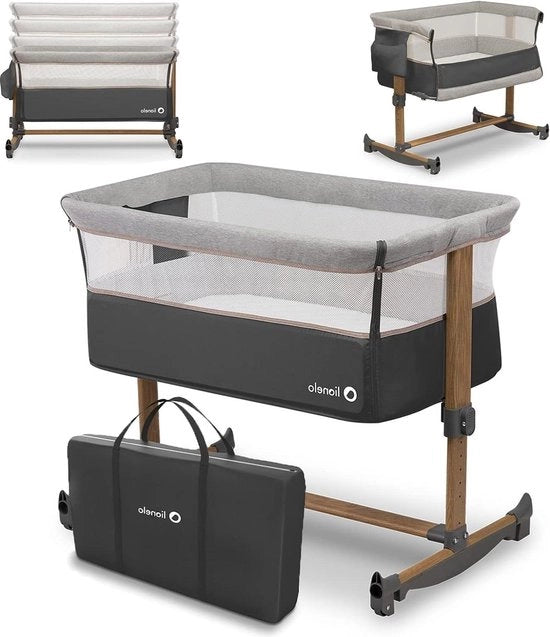 Letto a scomparsa con funzione di oscillazione - 5 livelli di regolazione di altezza - materasso inclinato - parete laterale rimovibile - ruote - tasca laterale - borsa di trasporto - ripiegabile - per posizionamento sotto l'angolo - Co Sleeper