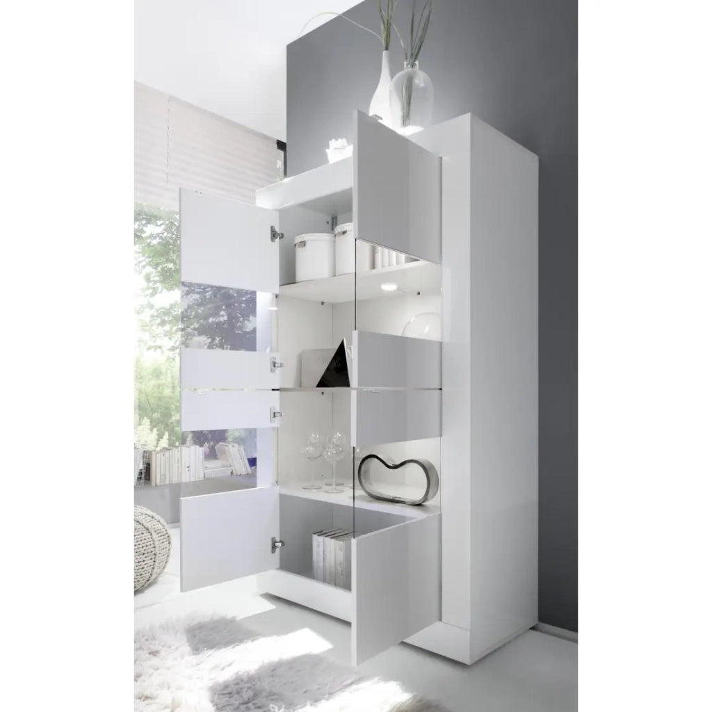 Vetrina 4 porte in vetro senza illuminazione, collezione ISORA, colore bianco lucido lacato