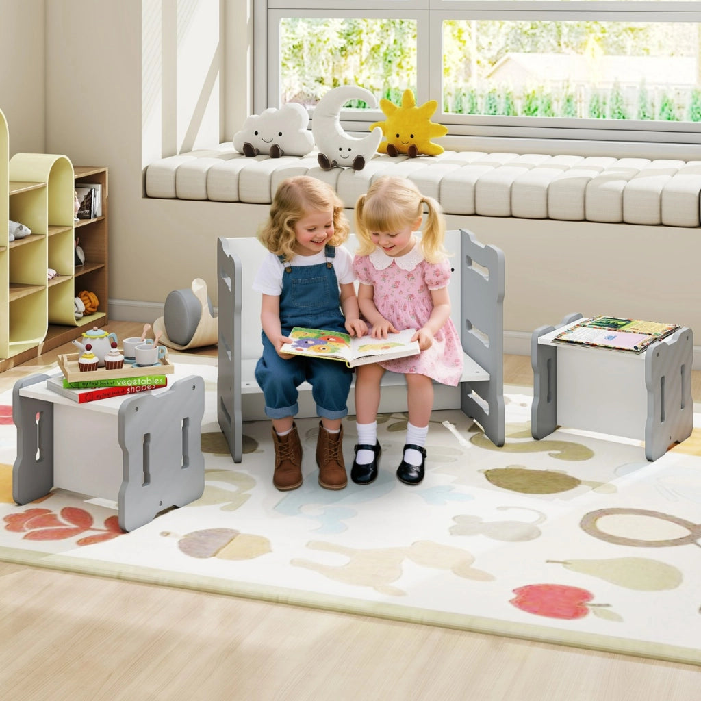 Set 3 pezzi per bambini con 2 sgabelli e tavolo attivit¨¤, Set tavolo e sedia per bambini per casa e asilo Bianco e grigio