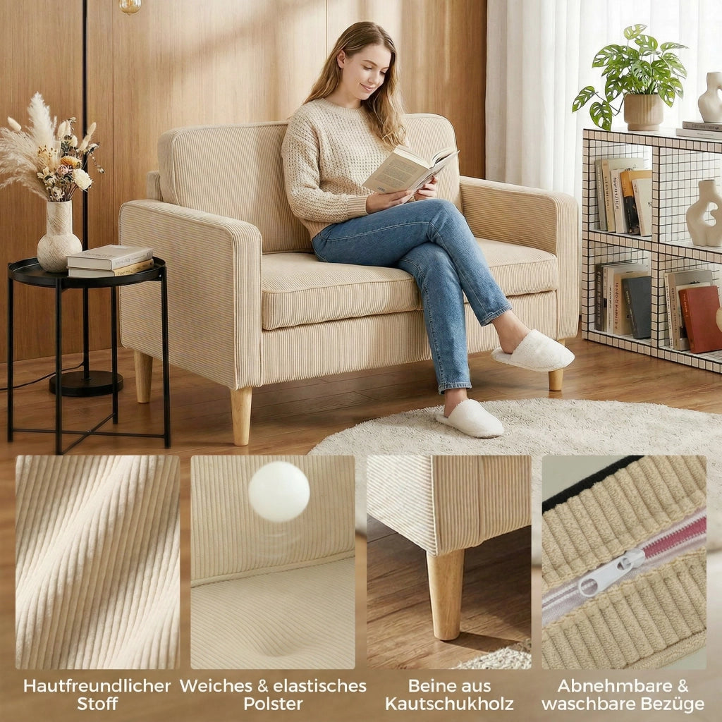 Divano 2 Posti con Cuscini e Contenitore ¨C Zephmum ¨C Beige Tessuto 117x63x79 cm
