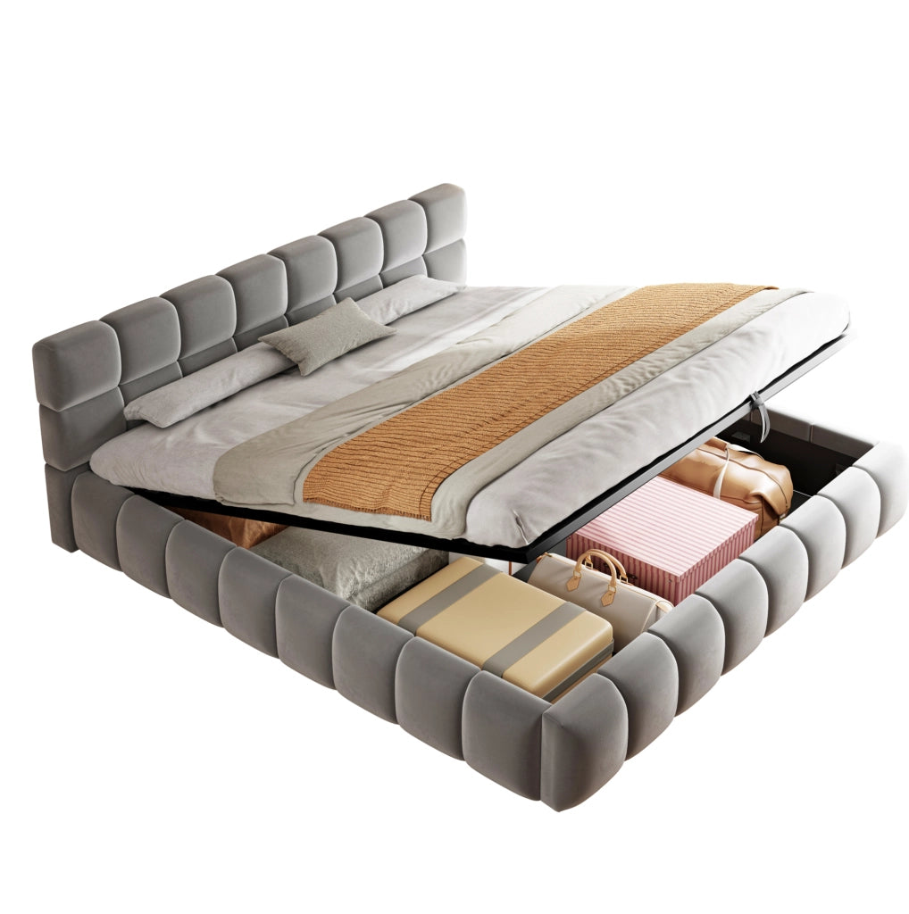 Letto matrimoniale imbottito 180x200 cm in velluto grigio con LED e contenitore idraulico