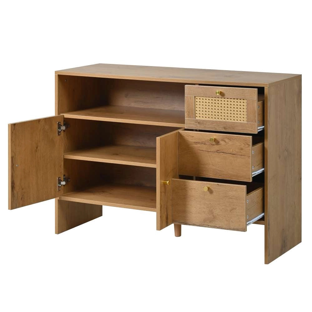 Madia Credenza in Legno con 2 Ante, 3 Cassetti in Rattan Intrecciato e Maniglie Dorate, 105x40x76 cm