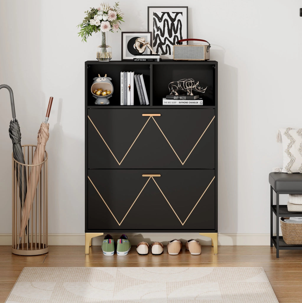 Mobile scarpiera da ingresso 80 x 25 x 117 cm in MDF nero con 2 ante ribaltabili e 2 ripiani aperti