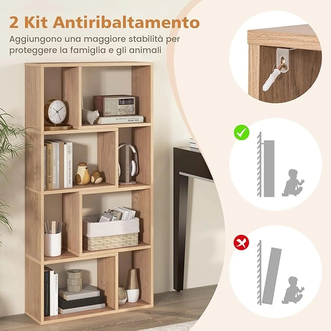 Libreria Geometrica a 4 Ripiani, Organizzatore Moderno con 8 Cubi, Mensola Espositiva a Pavimento, Mobile di Stoccaggio in Legno per Soggiorno Camera da Letto Studio, 60x20x120 cm (Naturale)