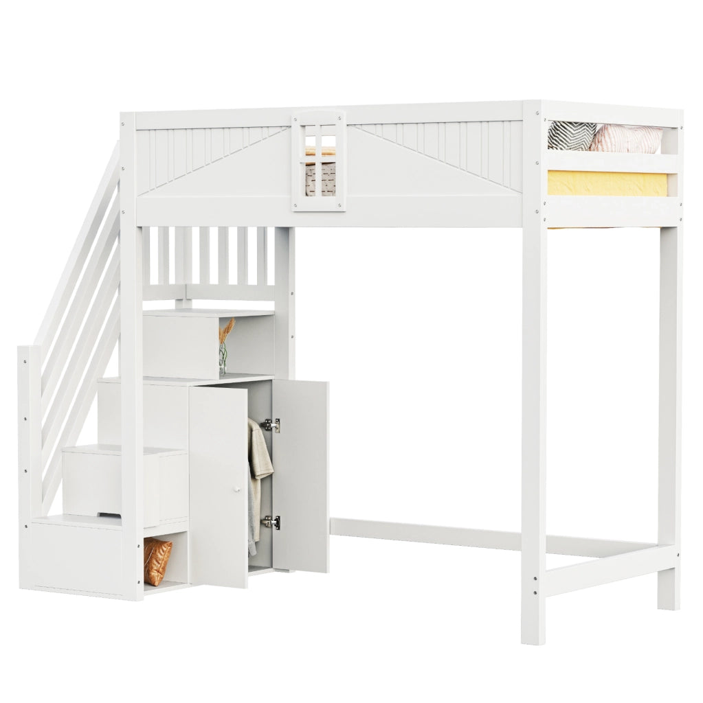 Letto a soppalco 90x200 cm in legno bianco con scala reversibile e vano portaoggetti