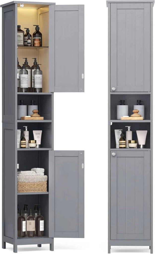 VASAGLE Mobile da Bagno con Luce, Armadietto Mobiletto da Bagno a Colonna con Ripiani Regolabili, Scomparti Aperti, per Piccoli Spazi, Moderno, Bianco Nuvola BBC566W03