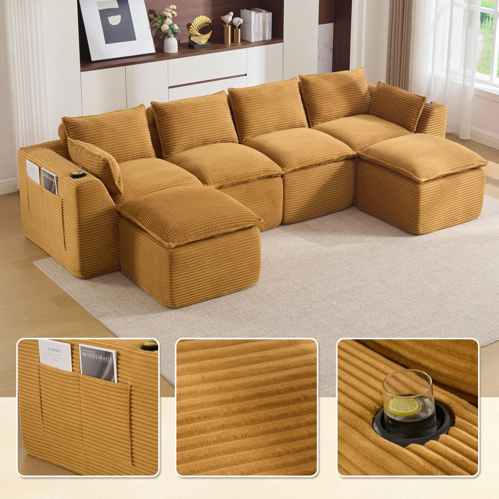 Divano Modulare 4 Posti con Poggiapiedi, Cuscini, Portabicchieri e Tasche ¨C MINIMAL ¨C Velluto a Coste Arancione
