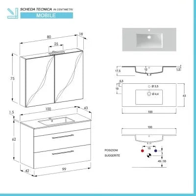 Mobile bagno sospeso 100 cm Smart bianco legno con specchio contenitore