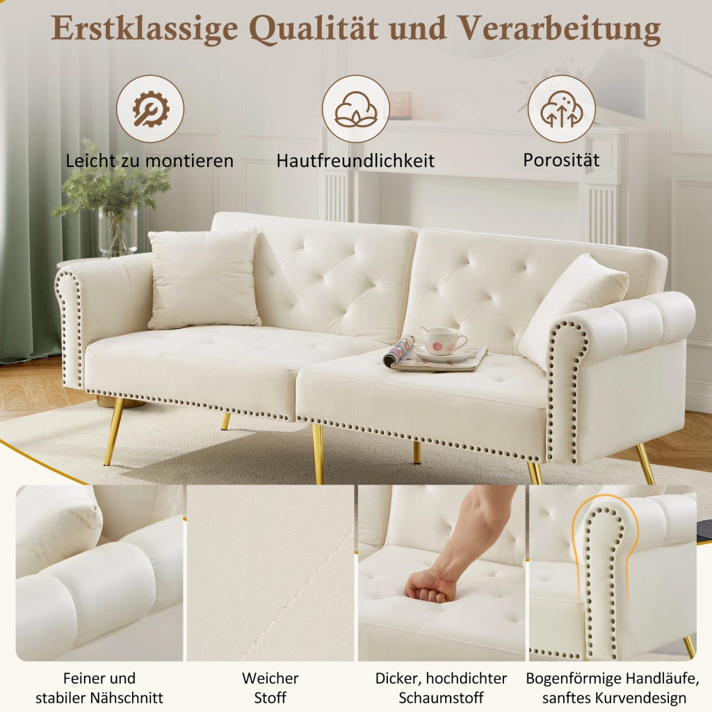 DIVANO LETTO 2 posti reclinabile 147x85 cm velluto Beige con 2 cuscini