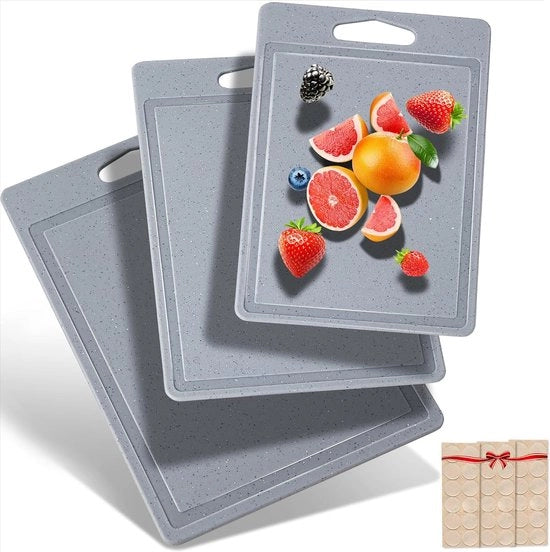 Set di taglieri in tre pezzi con finitura granito, adesivi antiscivolo e canale per la spesa - BPA gratuito - Grigio - Resistenti al lavastoviglie