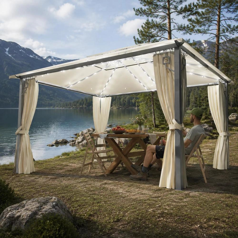 Pavilion With Curtains & LED String Lights 400x300 Cm Cream Aluminum