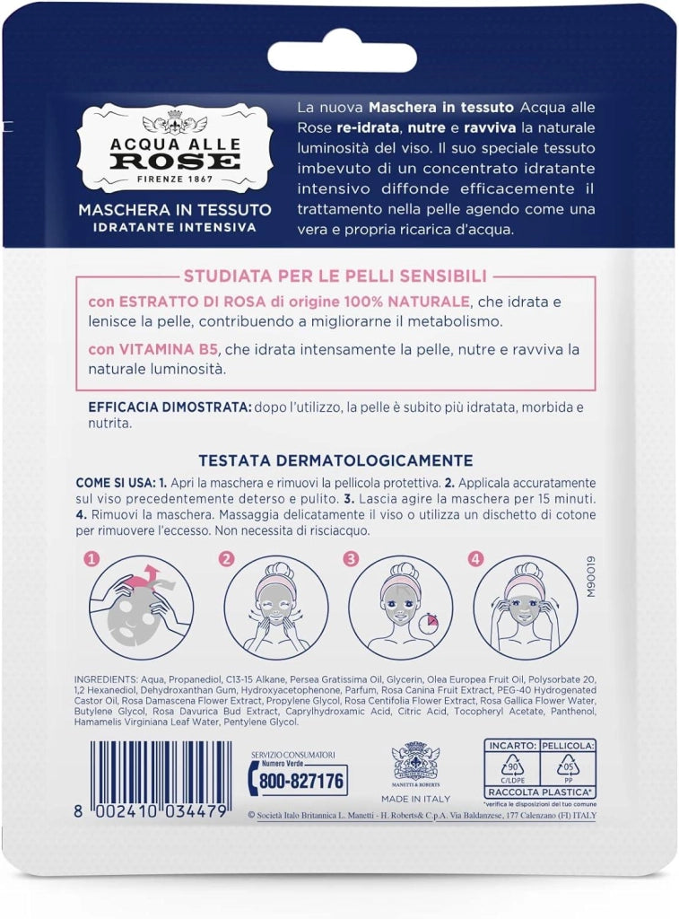 ACQUA ALLE ROSE MASCHERA VISO IN TESSUTO IDRATANTE INTENSIVA SENSITIVE ADATTA A PELLI SENSIBILI