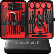 Kit per taglio unghie 23-in-1 con strumenti in acciaio inossidabile per cura delle unghie kit pedicure con valigetta in pelle (nero/rosso)