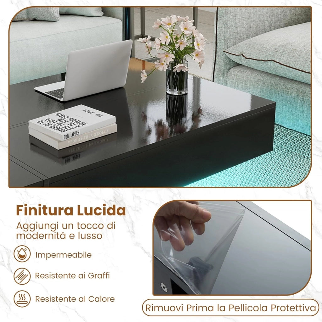 Tavolino da Salotto Moderno, Tavolino da Caffè con Luci LED Regolabili, 3 Cassetti e Telecomando, Tavolo Basso Rettangolare per Soggiorno, Studio e Ufficio, 120 x 70 x 35 cm (Nero)