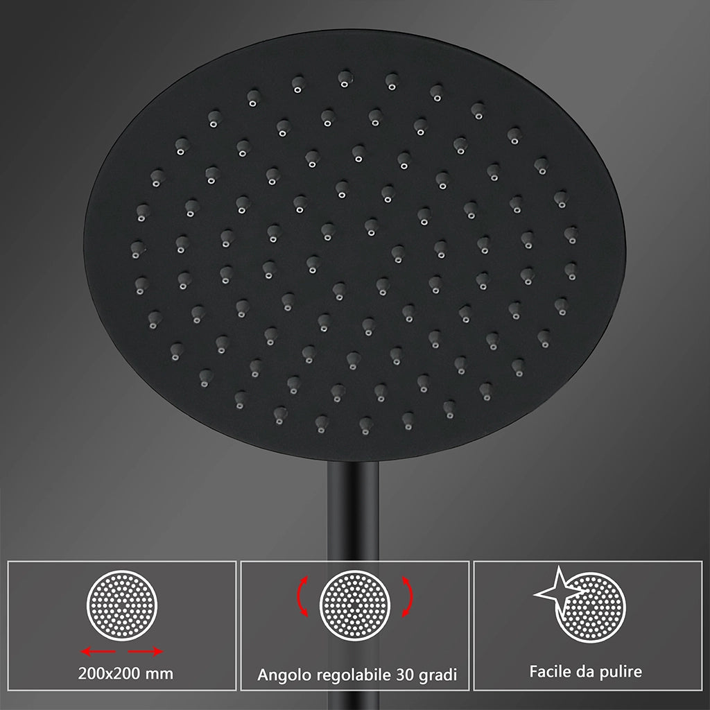 Colonne doccia nero, soffione doccia rotondo da 20cm acciaio inox, miscelatore termostatico doccia tondo antiscottature