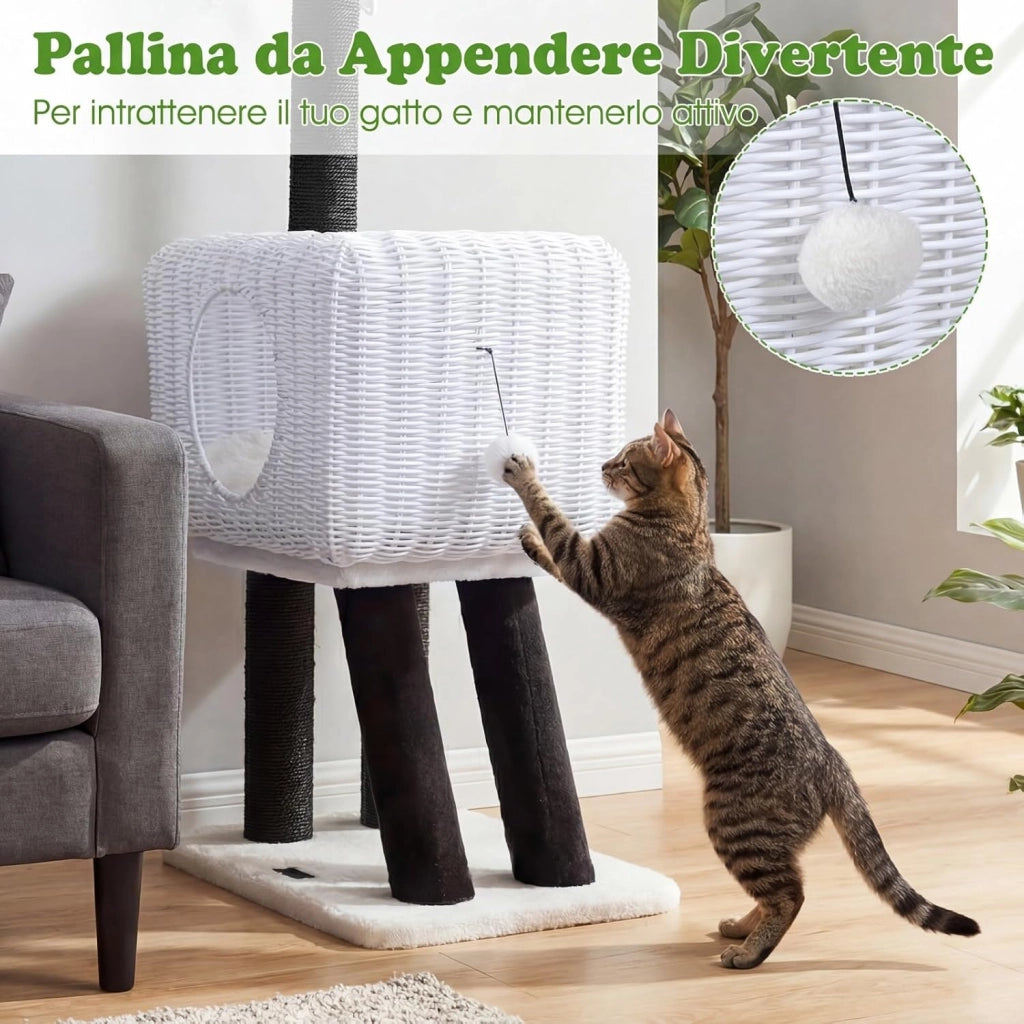 Albero Tiragraffi per Gatti, Tiragraffi per Gatti in Rattan con Grotta, 5 Pali Tiragraffi in Sisal, Cuscino Morbido e Pompon, Cuccia per Gatti da Interno a Forma di Pecora, 47 x 35,5 x 110 cm