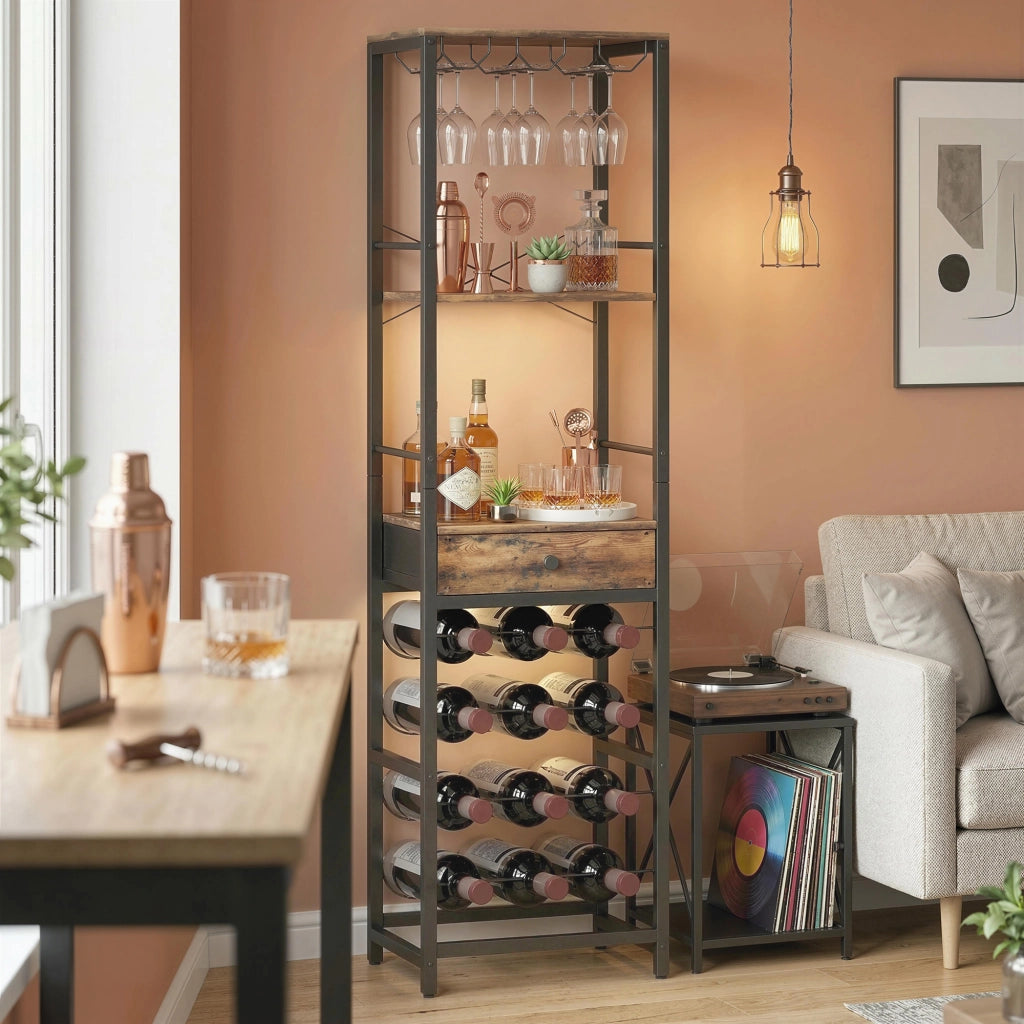 Mobile Bar Portabottiglie 40x30x148 cm Capacità 12 Bottiglie con Cassetto e Portabicchieri Struttura in Metallo Marrone