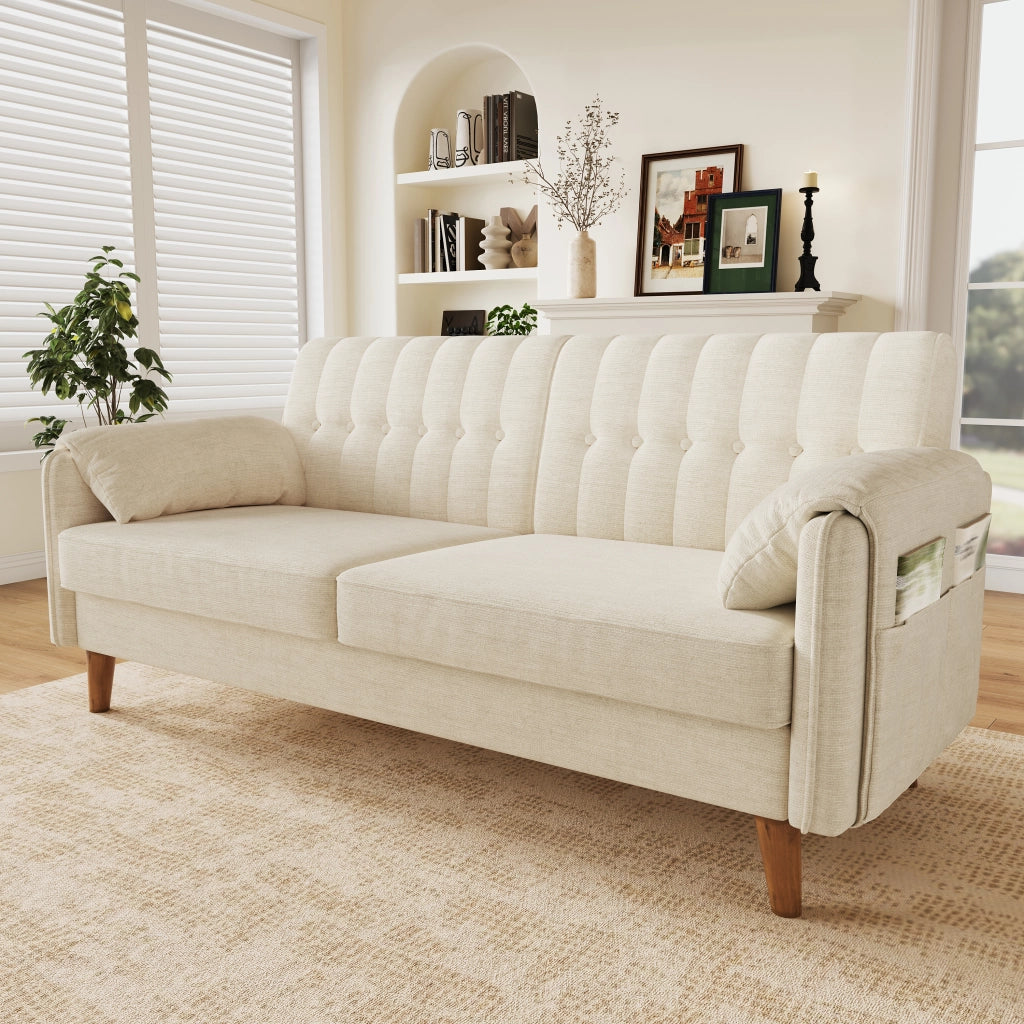 Divano lineare 2 posti - con schienale capitonné e tasche laterali - in chenille beige