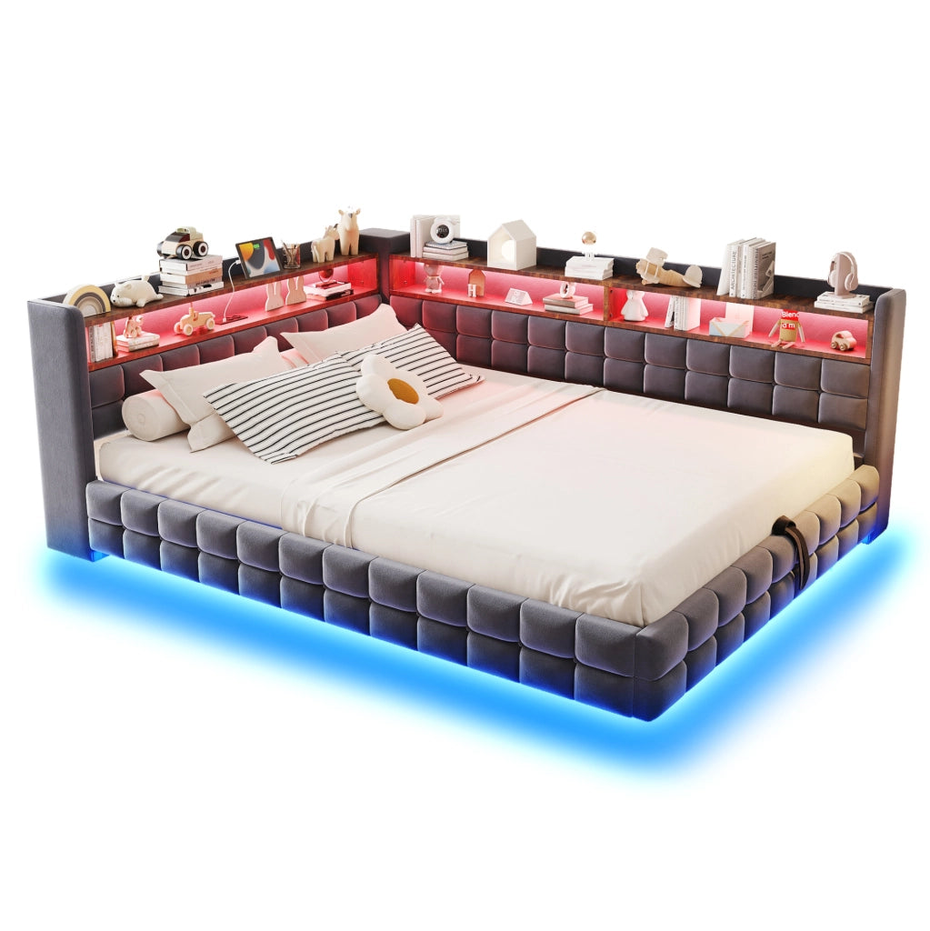 Divano letto imbottito 140x200 cm con LED e vano contenitore