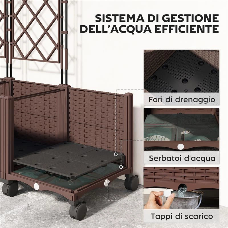 FIORIERA RIALZATA CON TRALICCIO 130L, RUOTE BLOCCABILI E SISTEMA DI AUTOIRRIGAZIONE, MARRONE