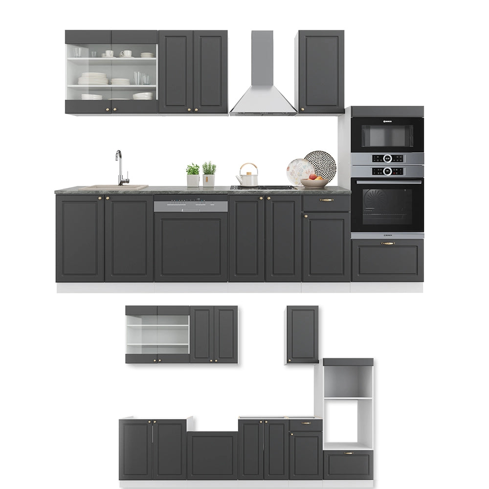Cucina componibile Fame-Line Antracite-oro/Bianco 300 cm con armadio alto, PL Rovere Vicco