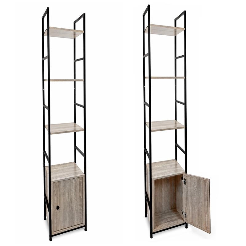 SCAFFALE STILE INDUSTRIAL IN LEGNO E METALLO CON 3 RIPIANI E 1 ANTA DIMENSIONI 29X24X144CM - COLORE ROVERE
