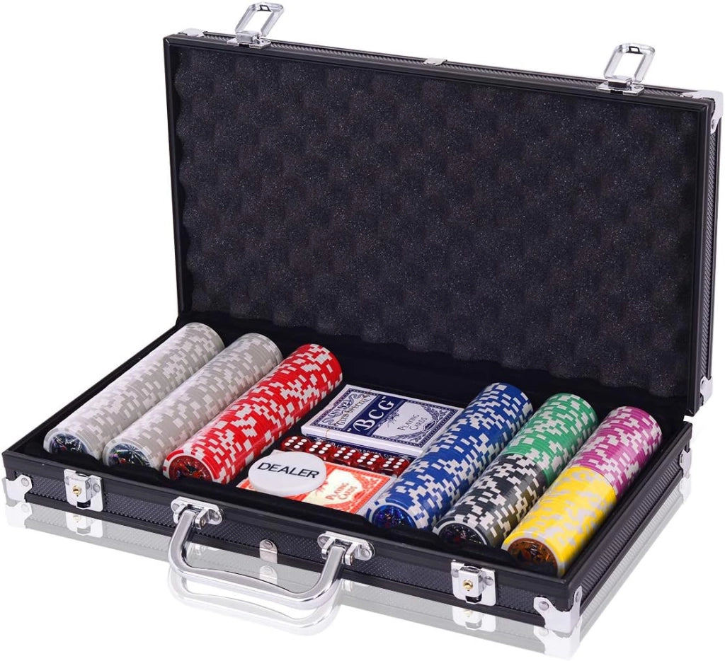 Poker Chips, Set da Poker con 300 Chips, Incluse 2 Carte da Poker 5 Dadi 1 Pulsante, Valigetta in Alluminio, Due Colori Disponibili (argento)