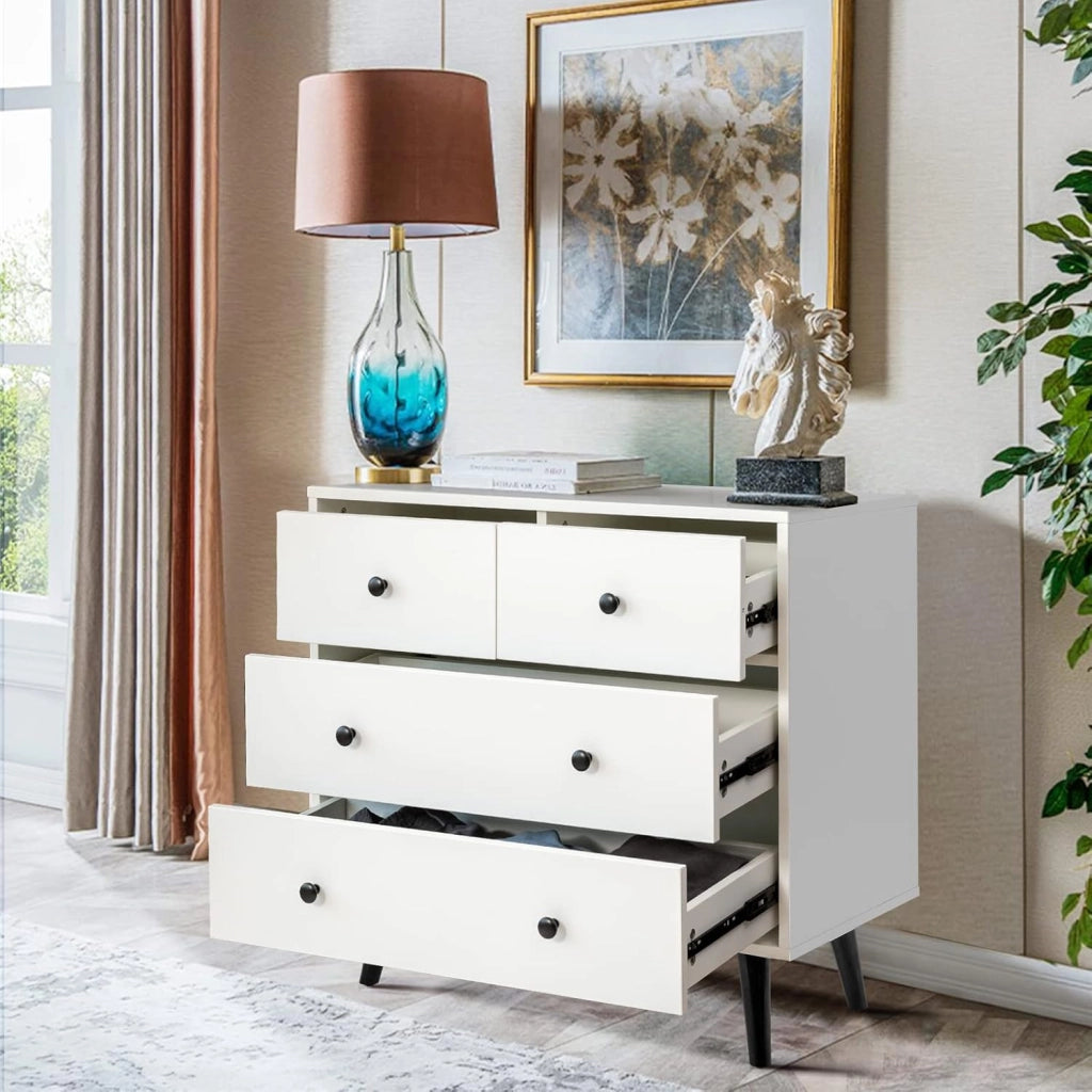 Cassettiera bianca, credenza con 4 cassetti, credenza moderna, armadietto laterale in legno, cassettiera 80 x 39,5 x 77 cm