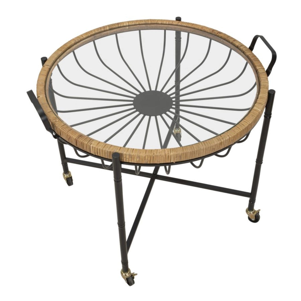 Tavolino Cebu con piano in vetro e ruote, ferro e rattan — 70,5x65x57 cm