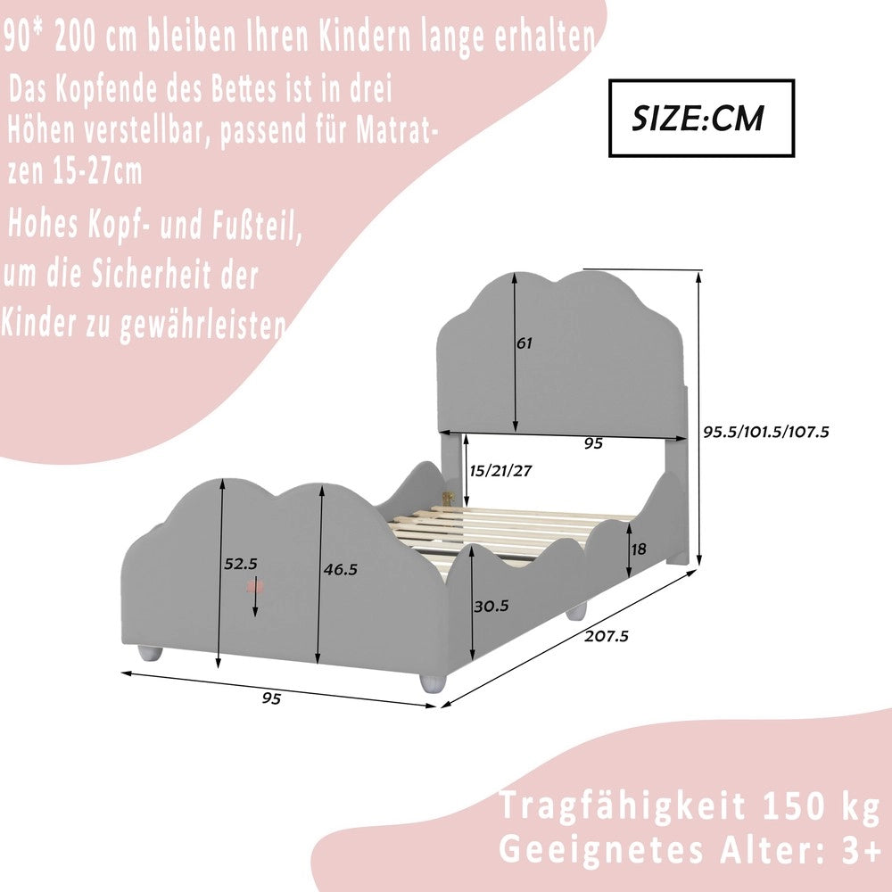 Letto per bambini imbottito ¨C Minimal ¨C Velluto grigio 90x200 cm