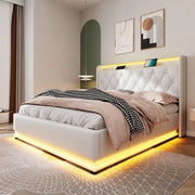 Letto matrimoniale imbottito 140x200 cm in PU bianco con LED 360掳; USB-C e contenitore idraulico
