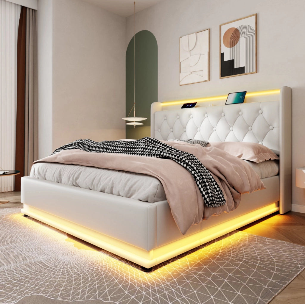 Letto matrimoniale imbottito 140x200 cm in PU bianco con LED 360掳; USB-C e contenitore idraulico